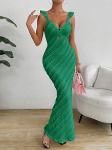 Chiquease Women's Vacation Solid Color Patchwork Ruffle Hem Long Fitted Elegant Dress - Green - View 3