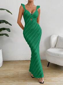 Chiquease Women's Vacation Solid Color Patchwork Ruffle Hem Long Fitted Elegant Dress - Green - View 4