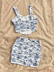 Soleia 2pcs/Set Women Ditsy Floral Fitted Camisole And Mini Skirt, Resort Wear