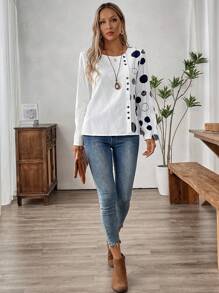 EMERY ROSE Women's Printed Patchwork Long Sleeve Casual Blouse, Autumn - White - View 3