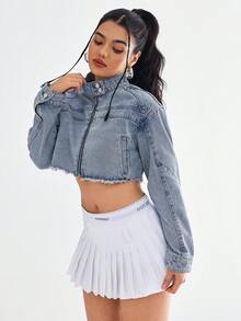SHEIN EZwear 女士春秋休闲磨边短款牛仔夹克