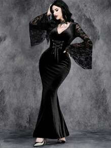 Women Gothic Metal Waist Halloween Sleeve Lace Lace Patchwork Fishtail Dress - Black - View 7
