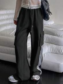 DAZY Pantalones casuales anchos de carga con cordón, mujer, patchwork con contraste a rayas
