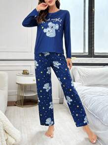 Cute Koala And Star Print Ladies Pullover Pajama Set, Fall Winter Clothes - Blue - View 3