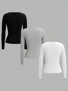 SHEIN EZwear 女士纯色前扣长袖休闲 T 恤 - 灰色 - 查看 2