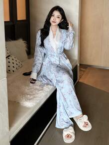 DAZY Floral Patchwork Satin Contrast Shawl Collar Belted Robe & Pants Sleepwear Loungewear Pajama Set, Fall Winter Clothes - Blue - View 6