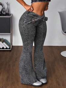 SHEIN ICON Women's Denim Flared Jeans With Eyelet & Criss-Cross Strap Details