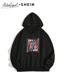 Seusyu 女士抽象人脸印花抽绳连帽宽松休闲卫衣，秋冬季，休闲舒适套头衫 - 黑色 - 查看 1