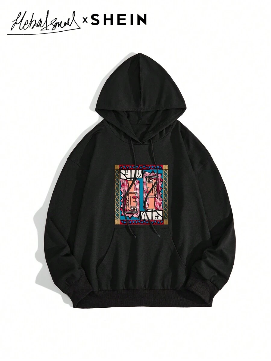 Seusyu 女士抽象人脸印花抽绳连帽宽松休闲卫衣，秋冬季，休闲舒适套头衫 - 黑色 - 查看 1