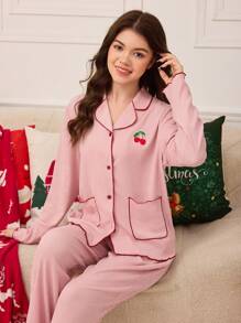 少女睡衣两件套，粉色简约樱桃刺绣长裤和长袖开衫，时尚家居服 - 粉色 - 查看 8