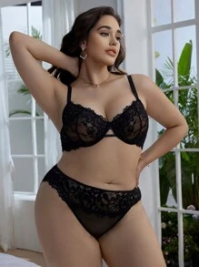 Plus Size Women Sexy Lingerie Set, Floral Lace & Criss-Cross Design, 2pcs