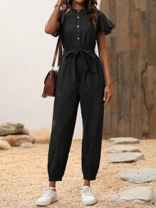 Chiquease 女式夏季纯色圆领单排扣短袖抽绳休闲连体裤 - 黑色 - 查看 4