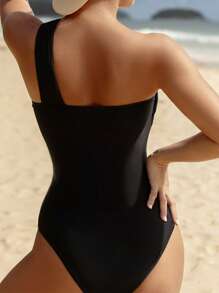 Swim Chiccia 女士夏季海滩热销黑色不对称单肩腰部沙滩装连体衣 - 黑色 - 查看 6