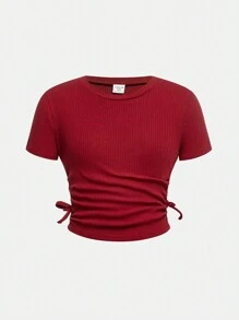 SHEIN Girlism 2 piezas Conjunto informal de niña preadolescente con camiseta de cuello redondo y pantalones de campana