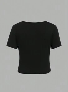 SHEIN 3pcs Tween Girls Casual Solid Color Crew Neck Short Sleeve Tops Set - Dark Grey - View 8