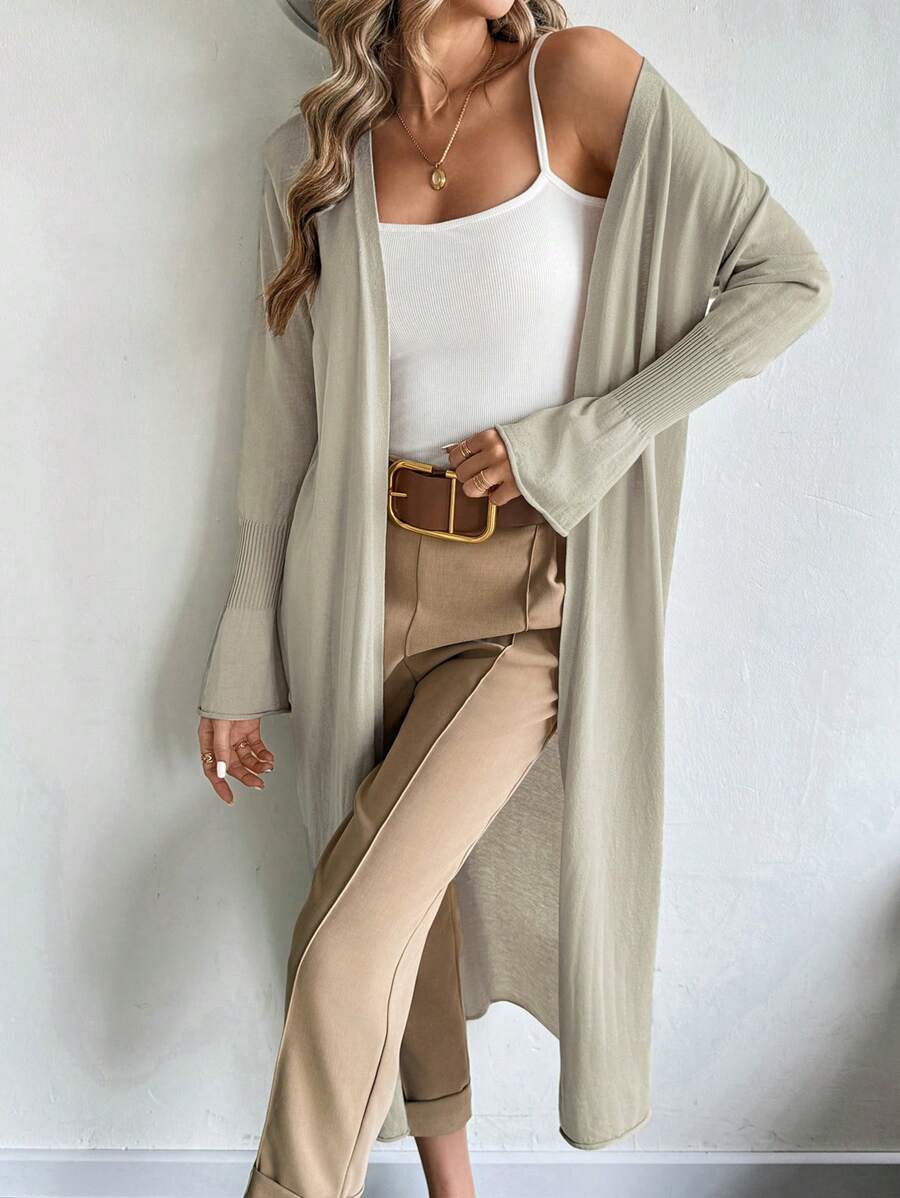 SHEIN LUNE Women's Long Solid Color Bell Sleeve Cardigan - Grey - View 1
