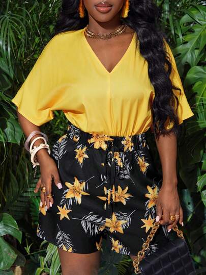 Slaydiva Summer Casual Vacation V-Neck Raglan Sleeves Bat Sleeves Yellow With Black Background And Yellow Flower Print Elastic Waistband Wide-Leg Shorts Loose Woven Women's Jumpsuit