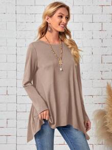 EMERY ROSE Women's Casual Solid Color Asymmetrical Hem T-Shirt, Spring Autumn - Apricot - View 5