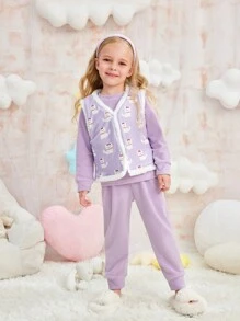 3pcs Young Girls Cute Puppy Purple Velvet Top Outfit With Vest And Pants Set, Warm Winter Loungewear - Purple - View 2