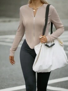 SHEIN Unity Áo thun dài tay viền bất đối xứng màu trơn dành cho nữ - Màu Khaki - Xem 1