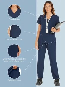 女性夏季純色V領護士制服套裝，包括T恤和褲子 - 藏蓝色 - 查看 8