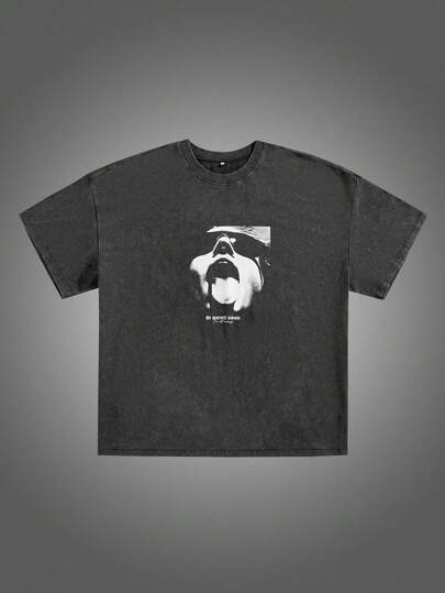 Manfinity VCAY 夏季加大码男士休闲针织酸洗宽松落肩圆领短袖T恤