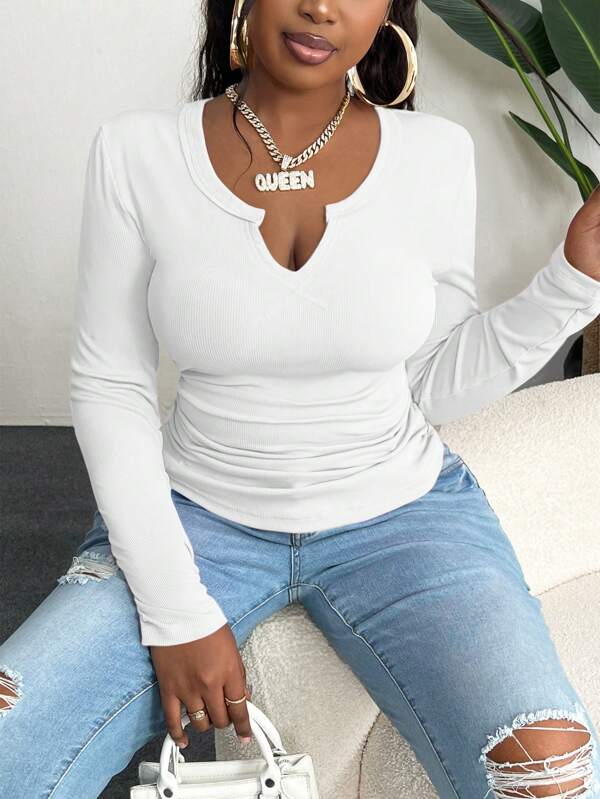 Slaydiva Plus Size V-Neck Basic Ribbed Knit Top, Pink - C