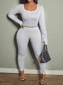 Zolique Women's Spring Summer Rounded Neck Long Sleeve Casual Jumpsuit - Light Grey - View 7