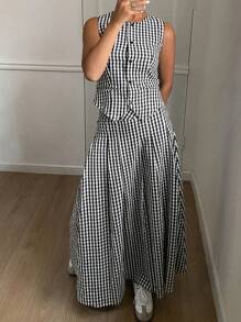 Livesso 2 件套女士春夏休闲格子背心和裙子套装，秋季服装 - 黑色 - 查看 6