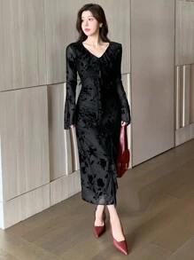 DAZY Women's Tight Split Dress For Autumn & Winter,Ruffle,Fall Women Clothes Long Sleeve Dress - Black - View 7