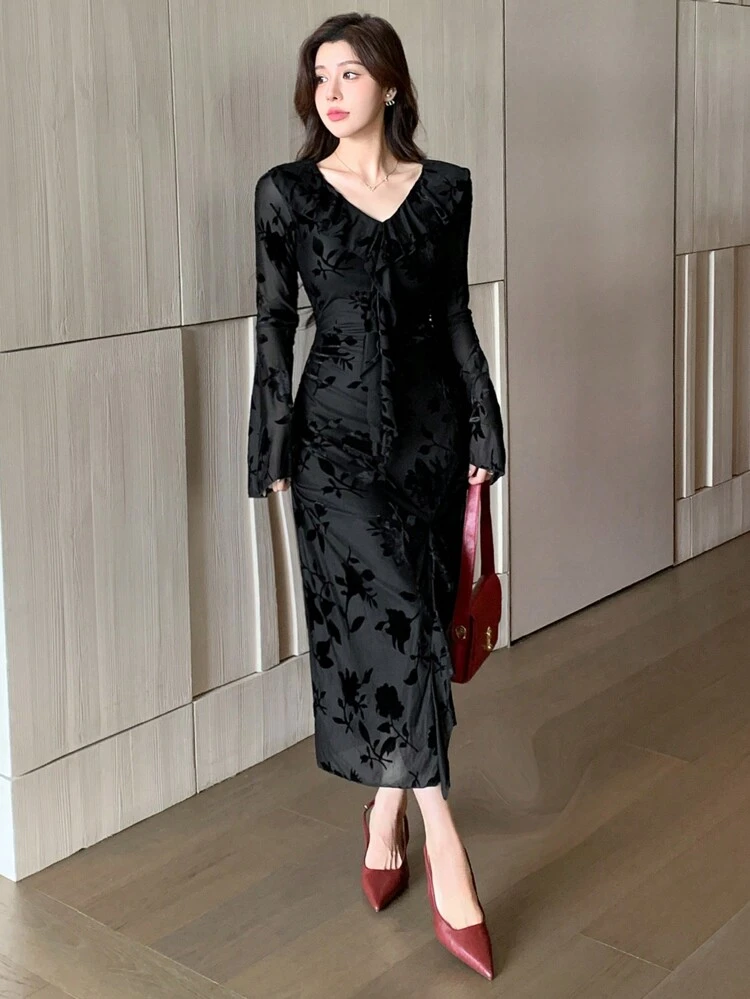 Women's Tight Split Dress For Autumn & Winter,Ruffle,Fall Women Clothes Long Sleeve Dress