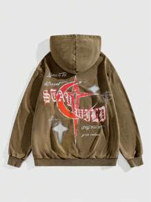 ROMWE MEN Academia Hoodie Jacket With Letter Print, Long Sleeve Zip-Up Sweatshirt - Brown - View 1