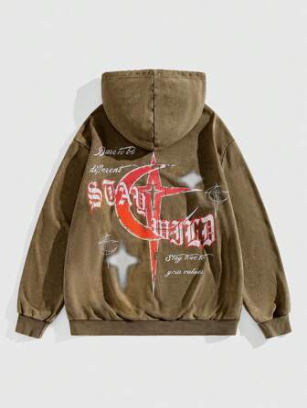 Academia Chaqueta con capucha con impresión de letras, sudadera con cremallera de manga larga