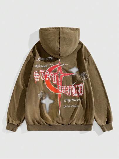 Academia Veste à capuche avec impression de lettres, sweat-shirt zippé à manches longues