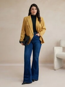 BizChic Plus Size Solid Color Double-Breasted Lapel Elegant Business Casual Suit Jacket - Yellow - View 1