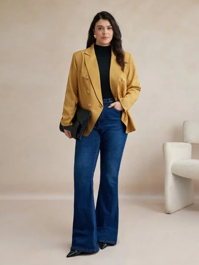 BizChic Chaqueta de traje de negocios casual elegante de doble botonadura con solapa de talla grande de unicolor