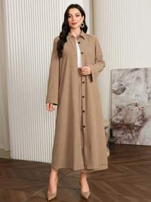 Al Najma Bộ 2 váy xòe và áo choàng vải chéo trơn màu giản dị mùa xuân/thu dành cho nữ, bộ trang phục Abaya hai mảnh giản dị, phù hợp cho trang phục thường ngày/công sở/tiệc tối - Màu Khaki - Xem 2