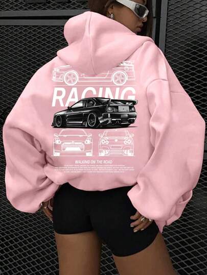 SHEIN EZwear Casual Minimalist Back Car Printed Hooded Long Sleeve Loose Sweatshirt For Women, Autumn & Winter,Long Sleeve Tops Back To School Fall And Winter Clothing Hoodie