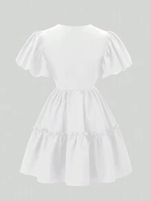 女式夏季纯色镂空泡泡袖荷叶边下摆性感迷你连衣裙 - 白色 - 查看 4