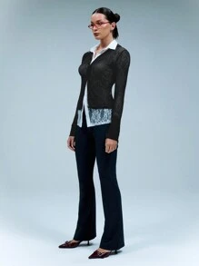 Textured Stripe Sheer Mesh Fitted Shirt - Black - View 4