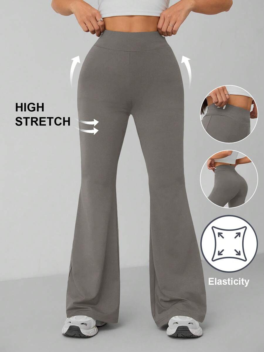 SHEIN PETITE Pantalones informales de cintura alta y acampanados de unicolor para mujer - Gris - Ver 1
