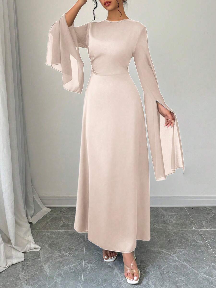 SHEIN Clasi Đầm Maxi Dài Tay Loe Eo Thanh Lịch Quyến Rũ Gợi Cảm Cho Nữ Trang Phục Nữ Màu Trơn - Màu be - Xem 1