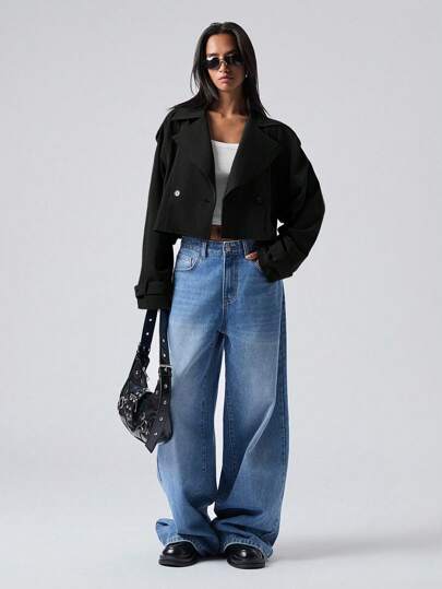 LYSMO 1pc Women's Solid Color Button-Front Long Sleeve Casual Trench Coat In Fall/Winter