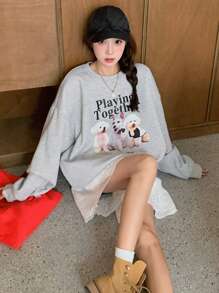 DAZY 女士宽松圆领印花卫衣，秋装 - 灰色 - 查看 5