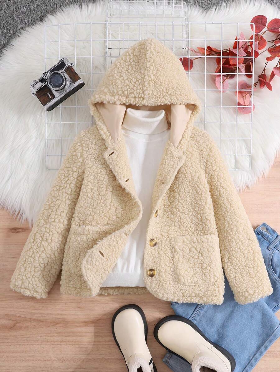 SHEIN Tween 女童休闲纯色针织羊毛连帽开衫 - 杏色 - 查看 1