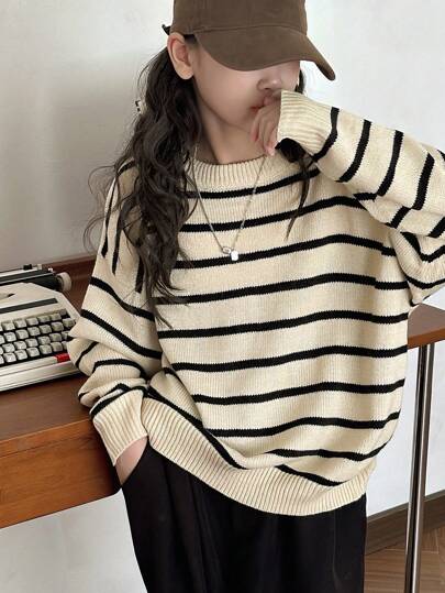 Dazy Kids Round Neck Striped Knitted Sweater, Tween Girl, Fall, Back To School Clothes