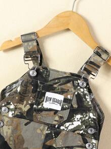 Baby Boy Casual Letter & Camouflage Printed Denim Bib Pants - Army Green - View 6