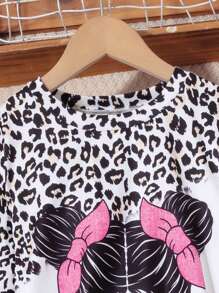 Set de 2 piezas Parte superior de manga larga y leggings casuales y de con estampado de leopardo para niña preadolescente