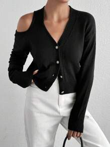 EURMUSE WOMEN CUT OUT DETAILED CASUAL THIN BLACK SWEATER CARDIGAN - Black - View 1