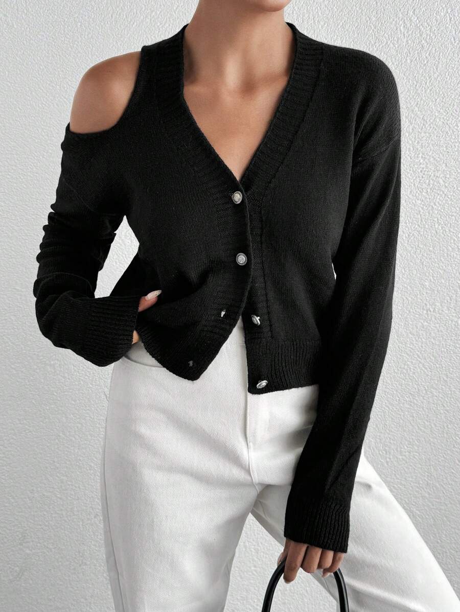 EURMUSE WOMEN CUT OUT DETAILED CASUAL THIN BLACK SWEATER CARDIGAN - Black - View 1